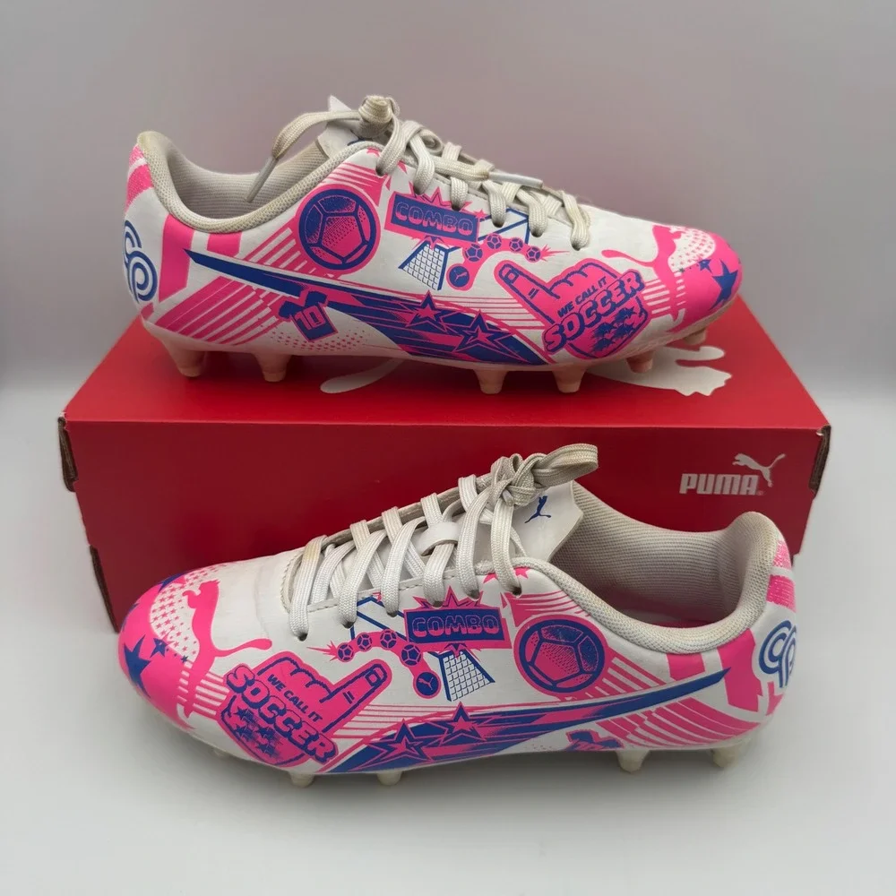 Puma Ultra CP Legacy FG/AG Jr Soccer Cleats Kids 3.5 White Pink Blue 108775-01